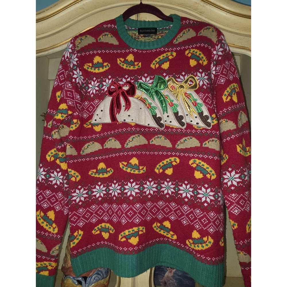Blizzard Bay Mens Small Ugly Christmas Sweater 3D Tacos Fiesta Snowflakes